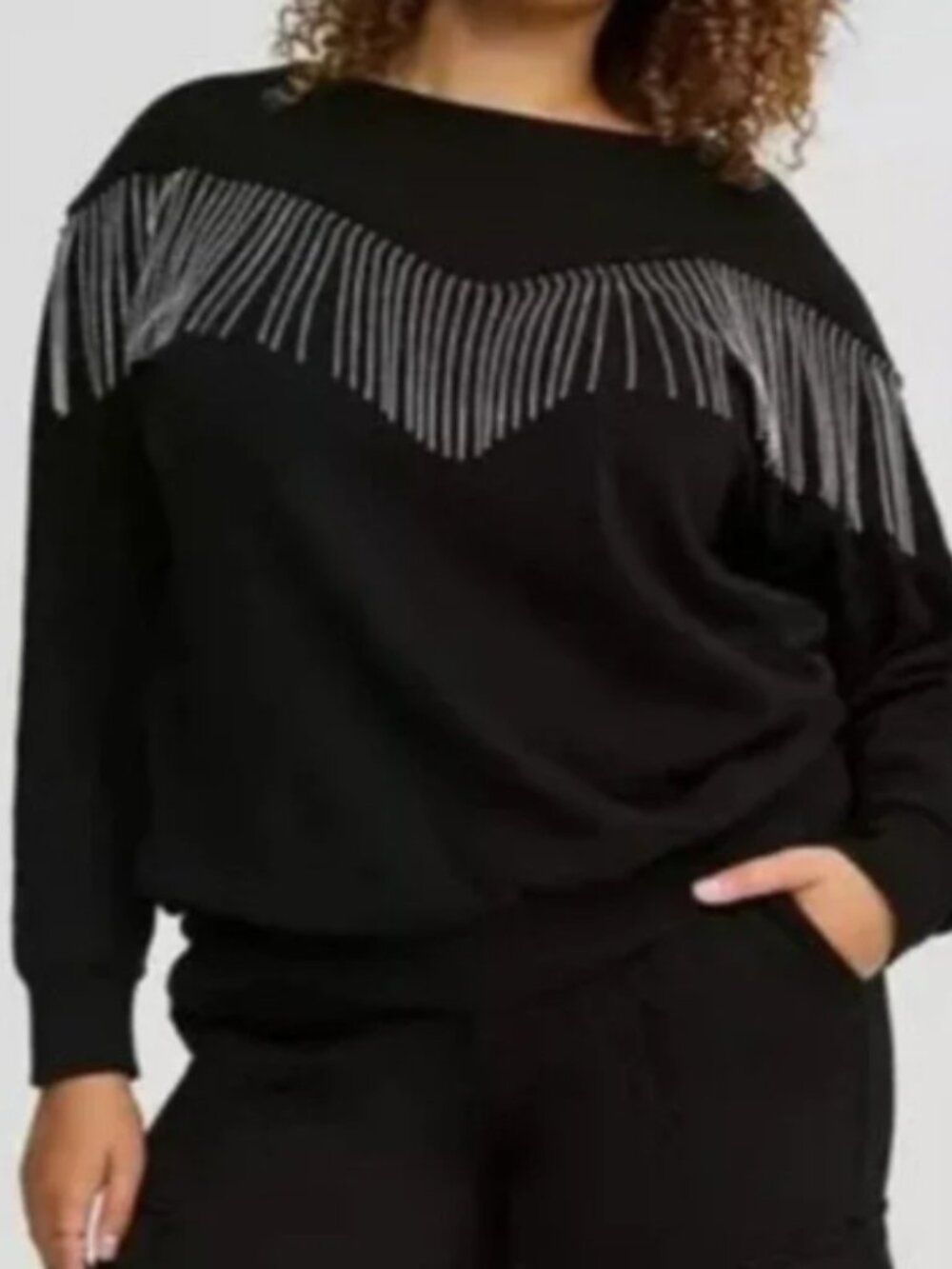 Torrid Drop Shoulder Rhinestone Fringe Sweatshirt
